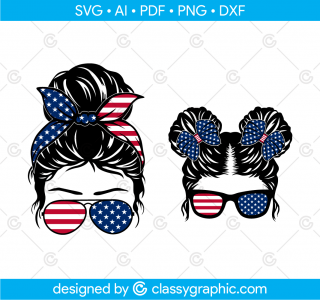 4th of July Messy Bun Hair Svg and Mom Life Designs Files