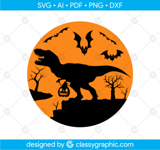 Halloween Dinosaur Svg, Pumpkin Dinosaur Svg, Spooky Saurus Rex Svg, T-Rex with Pumpkin Svg, Dxf, Png, Dinosaur Silhouette, Dinosaur Svg