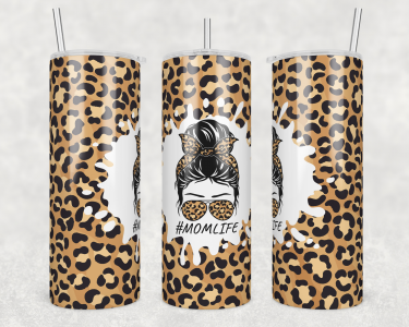 Leopard Mom Life Messy Bun Skinny Tumbler Design 20 OZ Straight and Tapered Sublimation Wrap Design Tumbler PNG Template Mama Tumbler Wrap