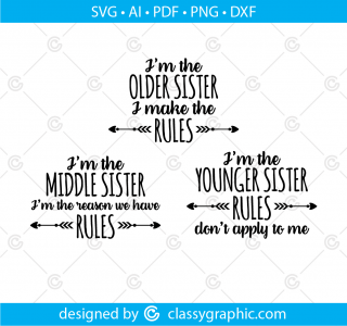 I'm The Oldest I Make The Rules Bundle Svg, I'm The Middle Sister I’m The Reason We Have Rules Svg, I'm The Younger Sister Rules Don’t Apply